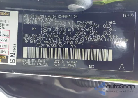 2006 Toyota 4Runner Sr5 V6 from USA, damaged, VIN JTEZU14R768042696